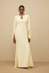 Esther Gown - Mock Neck - Split Sleeves - Fitted Waist - Keyhole Detailing - Bead & Crystal Embellishment