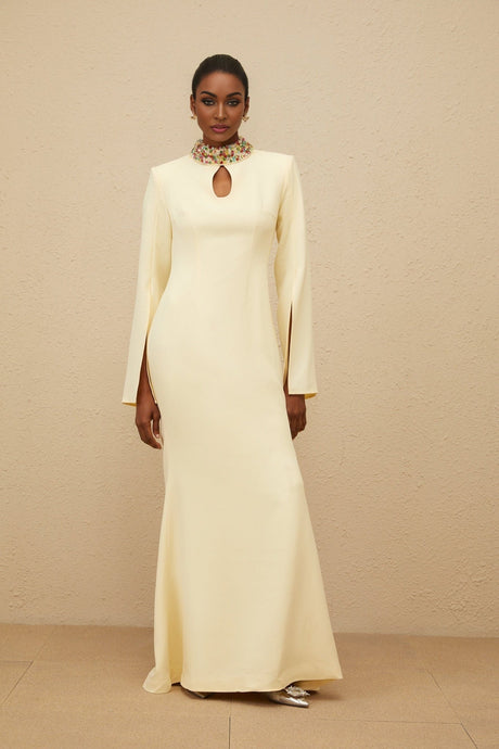 Esther Gown - Mock Neck - Split Sleeves - Fitted Waist - Keyhole Detailing - Bead & Crystal Embellishment
