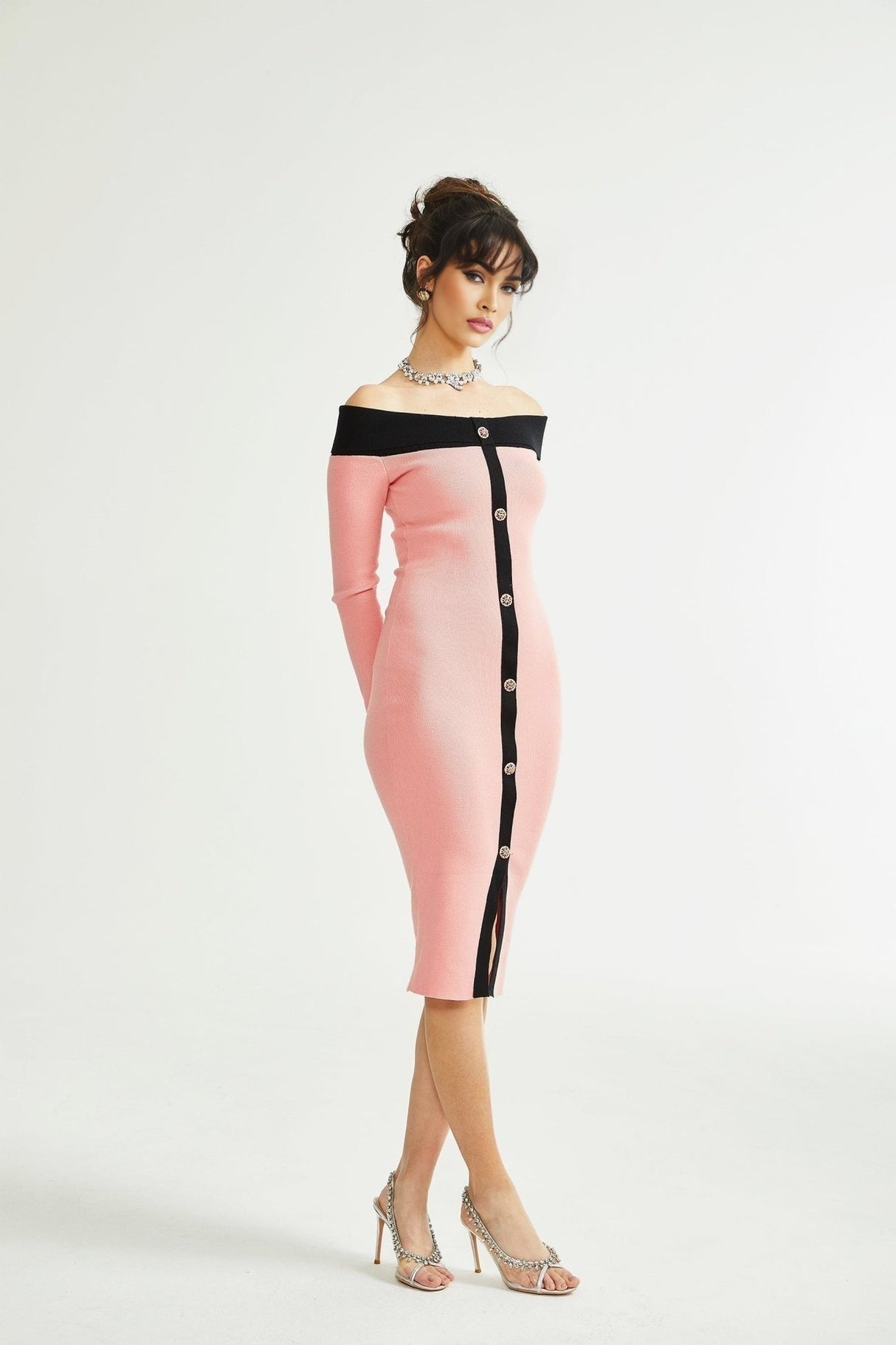 Esther Midi Dress - Off the Shoulder - Contrast Colors - Knitted Construction