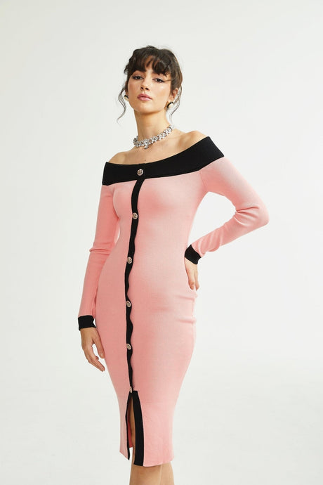 Esther Midi Dress - Off the Shoulder - Contrast Colors - Knitted Construction