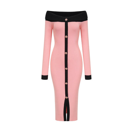 Esther Midi Dress - Off the Shoulder - Contrast Colors - Knitted Construction