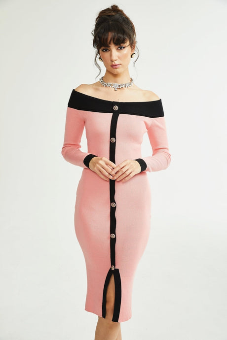 Esther Midi Dress - Off the Shoulder - Contrast Colors - Knitted Construction