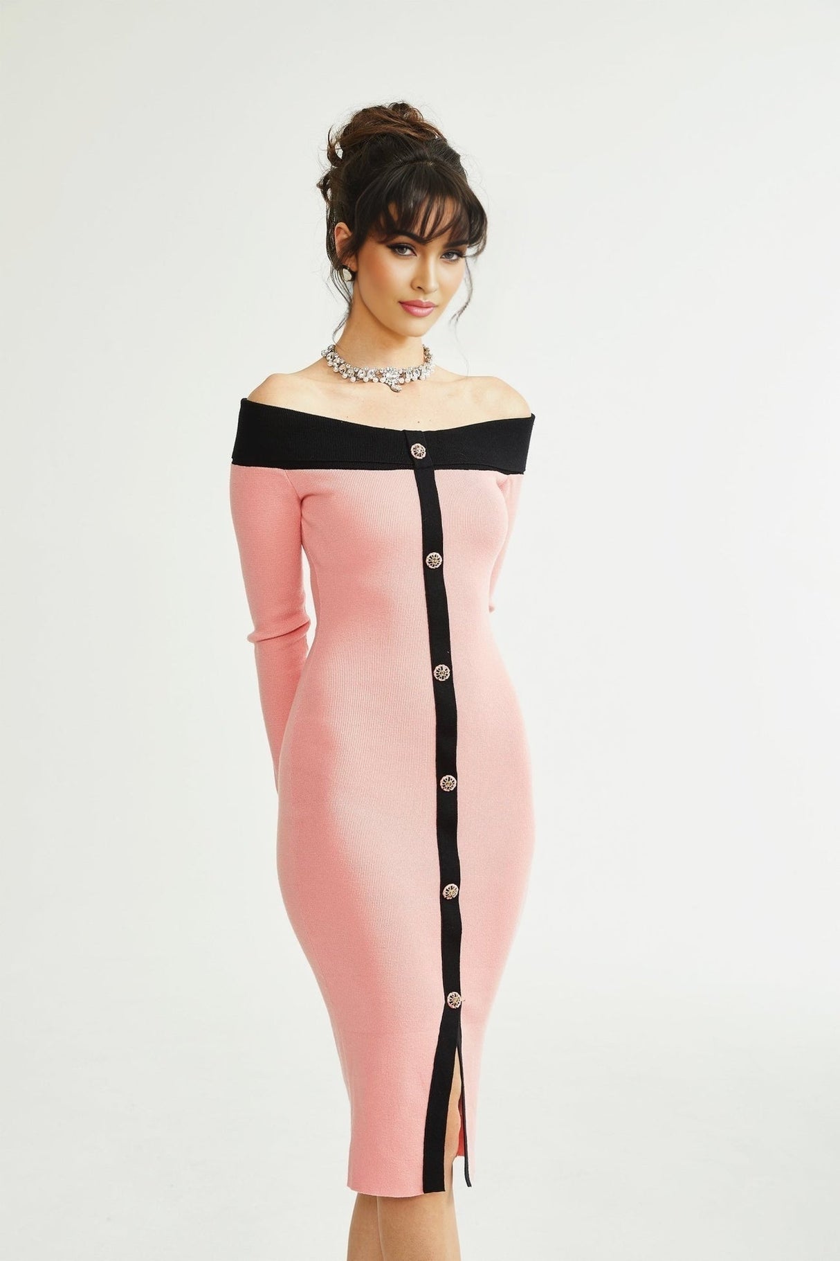 Esther Midi Dress - Off the Shoulder - Contrast Colors - Knitted Construction