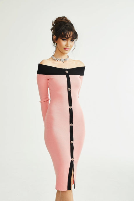 Esther Midi Dress - Off the Shoulder - Contrast Colors - Knitted Construction