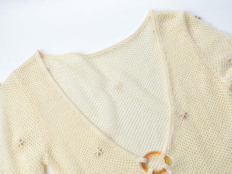 Ethereal Maxi Dress - Flattering V - neckline - Flared Sleeves - Tailored Look - Lightweight Knit - Elegant Circular Accent