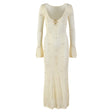 Ethereal Maxi Dress - Flattering V - neckline - Flared Sleeves - Tailored Look - Lightweight Knit - Elegant Circular Accent