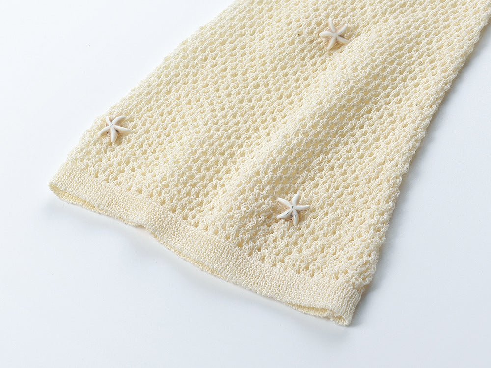 Ethereal Maxi Dress - Flattering V - neckline - Flared Sleeves - Tailored Look - Lightweight Knit - Elegant Circular Accent