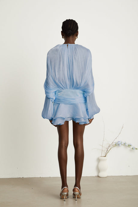 Eugenie blue mini dress with full pleats and ruffled details