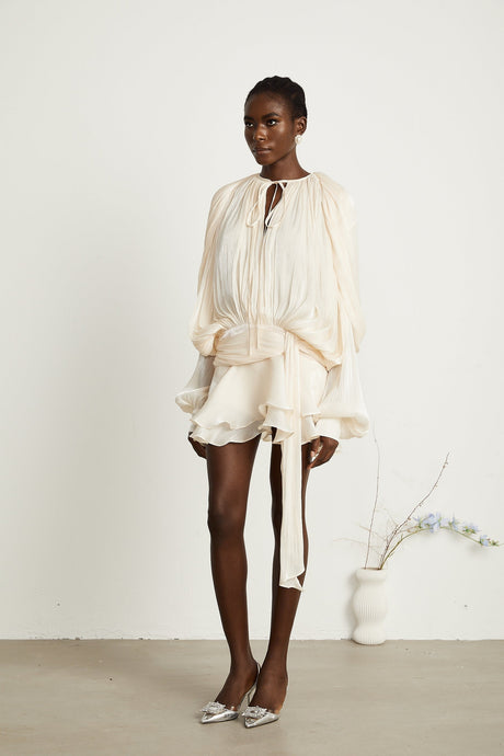 Eugénie fullypleated ruffled mini dress in Neutrals