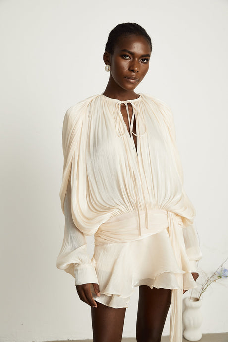 Eugénie fullypleated ruffled mini dress in Neutrals