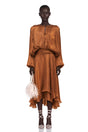Eugénie Pleated Ruffle Maxi Dress in Brown