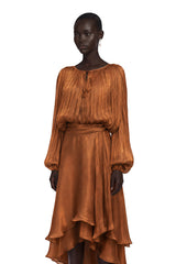 Eugénie Pleated Ruffle Maxi Dress in Brown