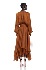 Eugénie Pleated Ruffle Maxi Dress in Brown