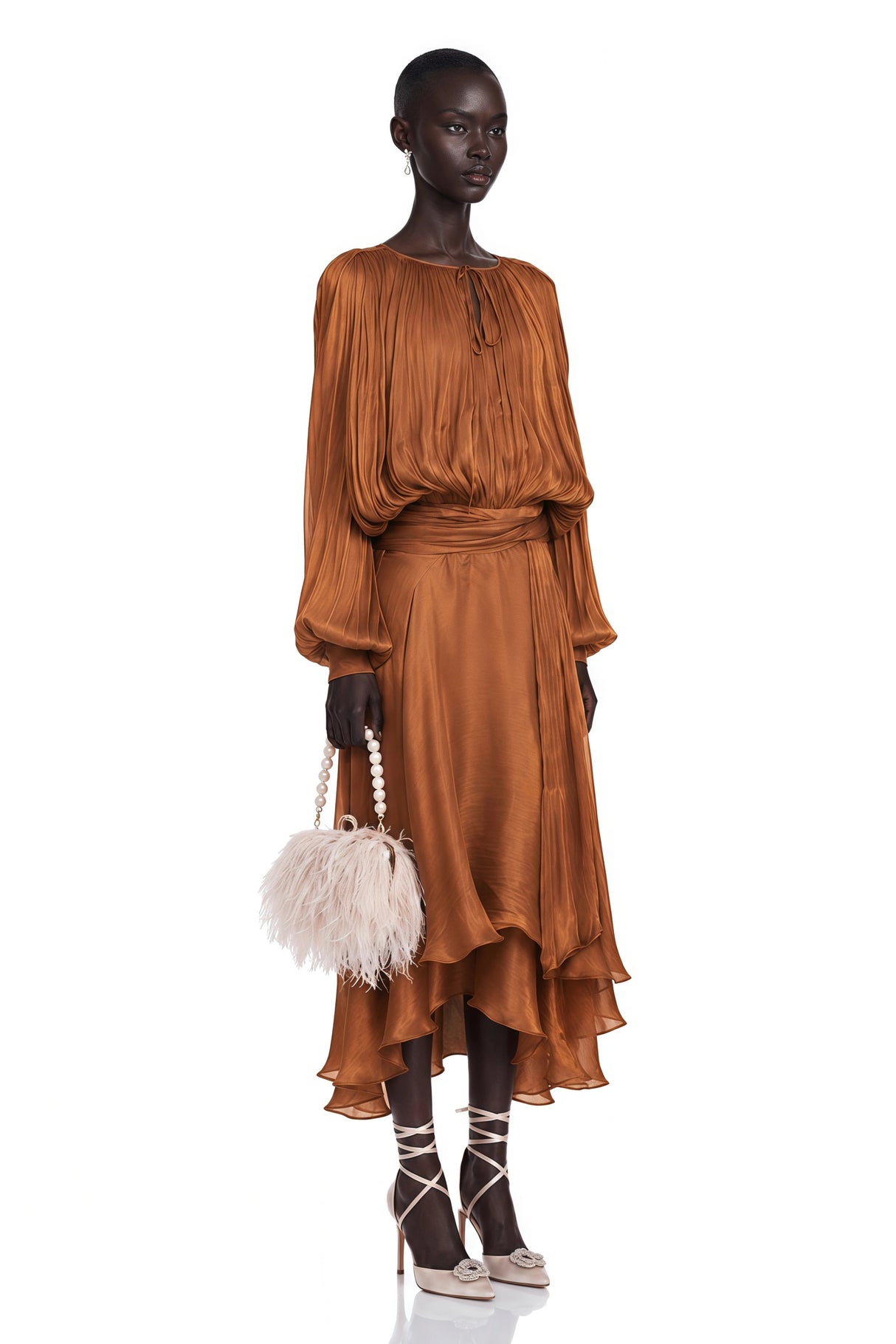 Eugénie Pleated Ruffle Maxi Dress in Brown