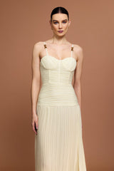 Eulalia Beige Halter Neckline Dress with Fishbone Folds and Side Slit