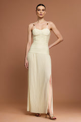 Eulalia Beige Halter Neckline Dress with Fishbone Folds and Side Slit