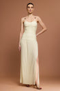 Eulalia Beige Halter Neckline Dress with Fishbone Folds and Side Slit