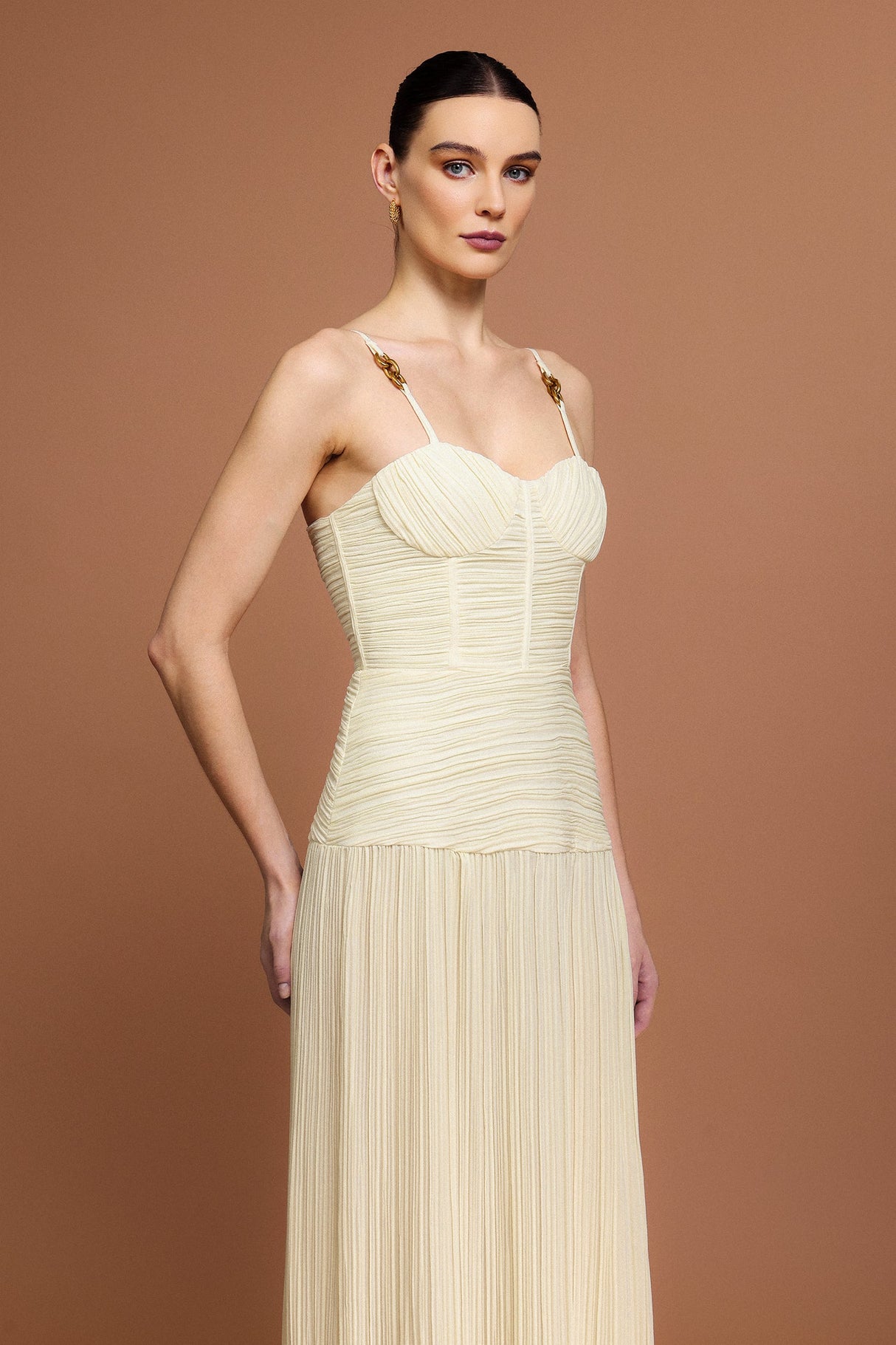 Eulalia Beige Halter Neckline Fishbone Folds Side Slit Dress
