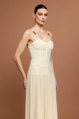 Eulalia Beige Halter Neckline Fishbone Folds Side Slit Dress