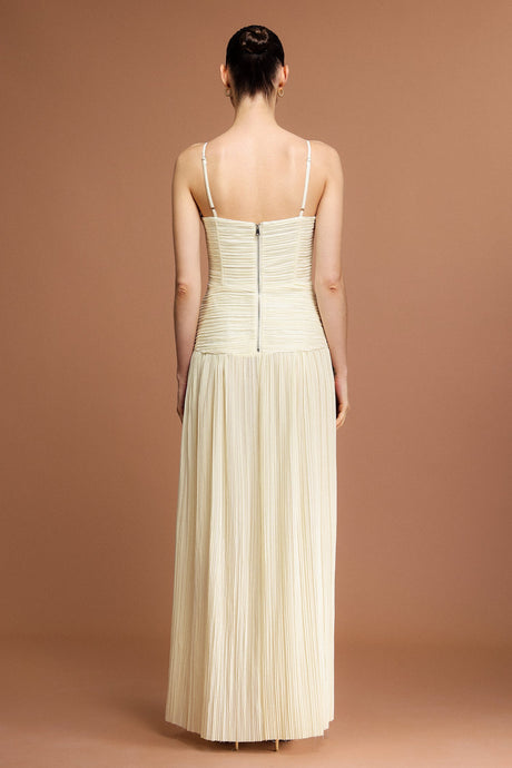Eulalia Beige Halter Neckline Fishbone Folds Side Slit Dress
