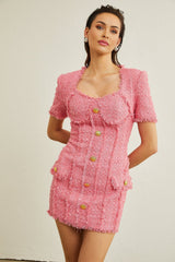 Eulalia Mini Dress - Sweetheart Neckline - Short Sleeves - Front Flap Pockets - tone Buttons