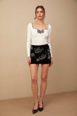 Eulalia Mini Dress - Velvet - Flower Motif with Sequins - Straight Hem - Thigh Length