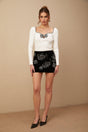 Eulalia Mini Dress - Velvet - Flower Motif with Sequins - Straight Hem - Thigh Length