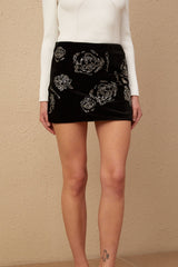 Eulalia Mini Dress - Velvet - Flower Motif with Sequins - Straight Hem - Thigh Length