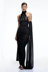 Eulalie Black Halterneck Ruched Maxi Dress with 3D Florals