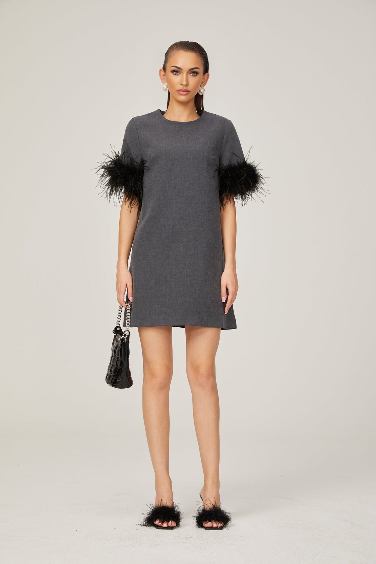 Eulalie grey feathertrim Aline mini dress