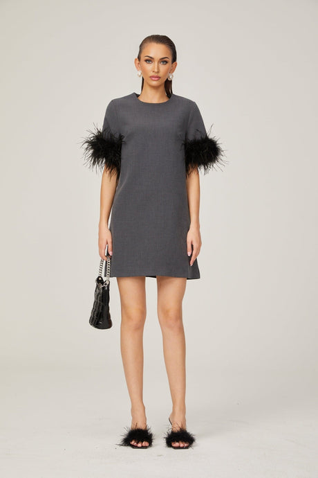 Eulalie grey feathertrim Aline mini dress