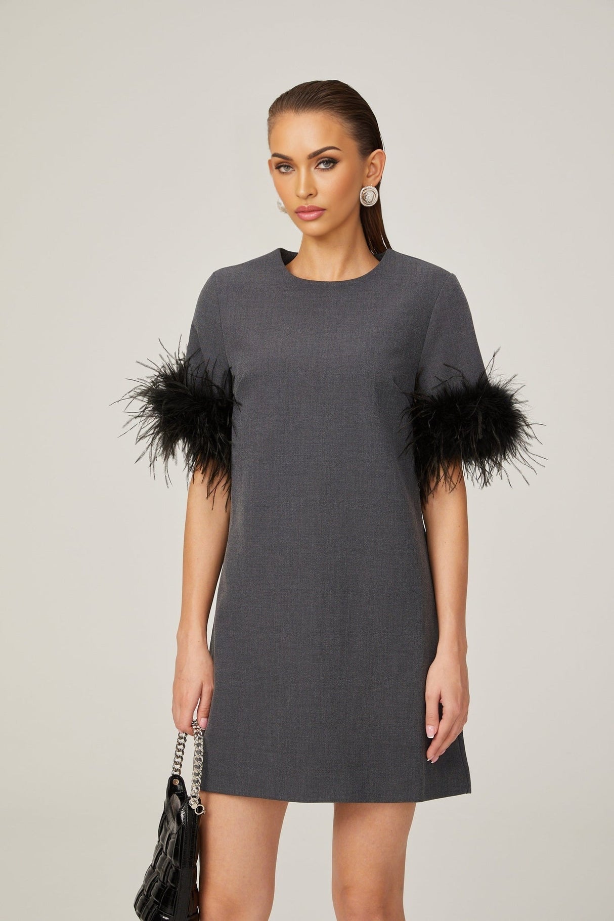 Eulalie grey feathertrim Aline mini dress