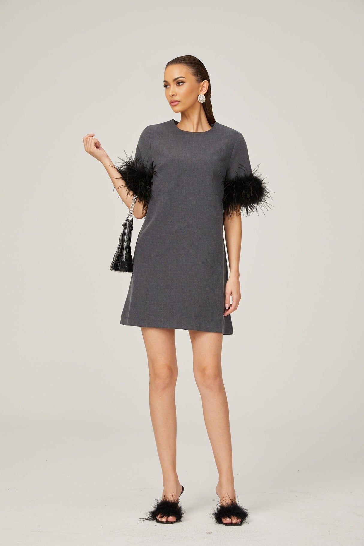 Eulalie grey feathertrim Aline mini dress