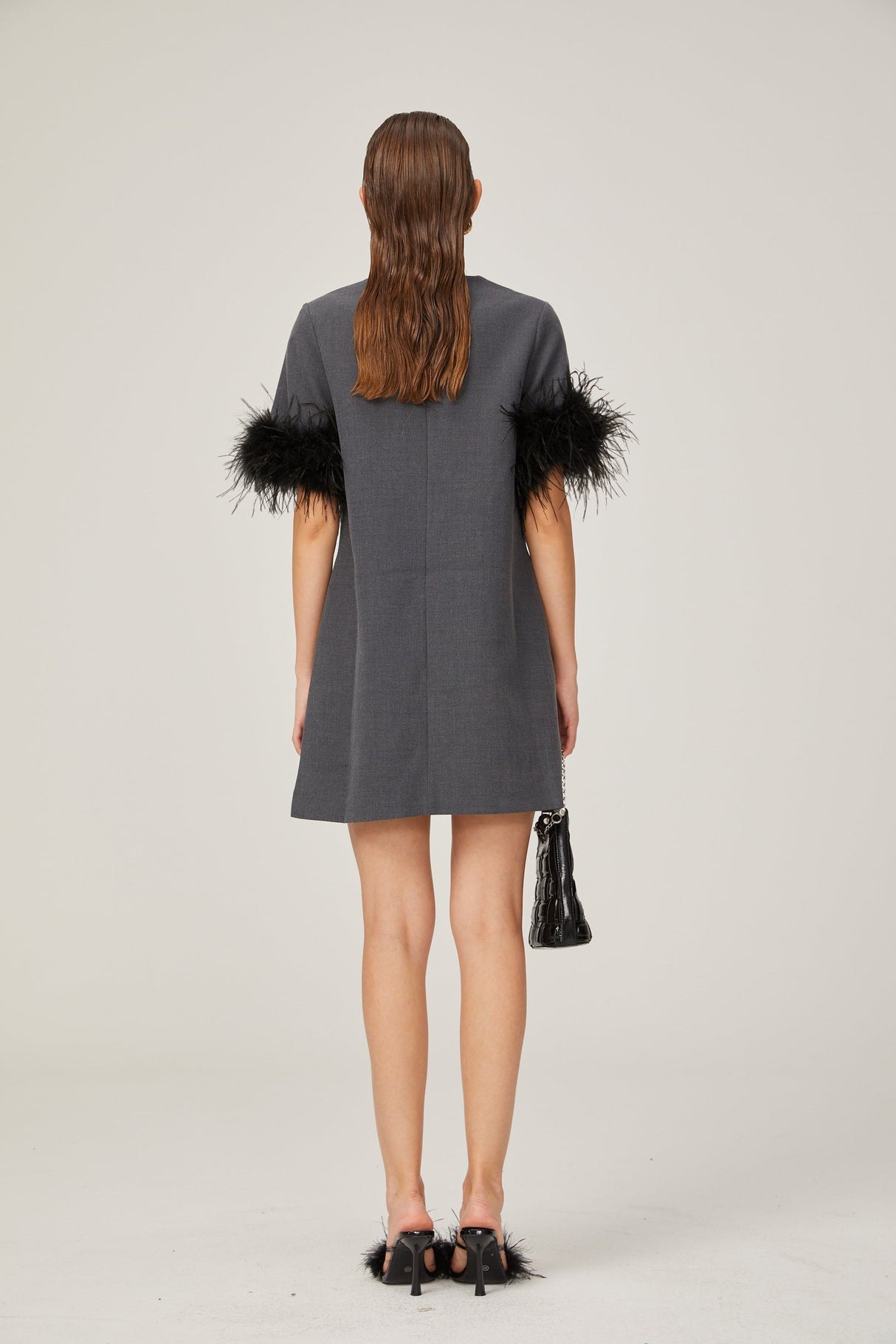 Eulalie grey feathertrim Aline mini dress