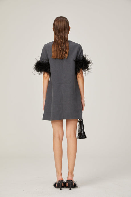 Eulalie grey feathertrim Aline mini dress
