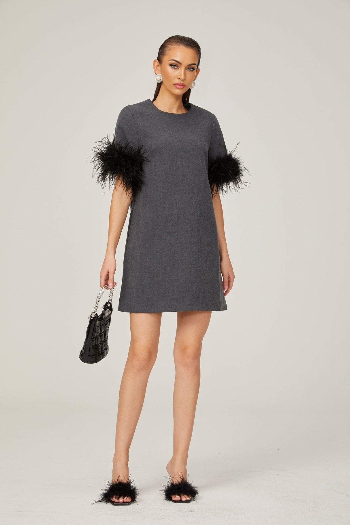 Eulalie grey feathertrim Aline mini dress