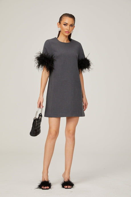 Eulalie grey feathertrim Aline mini dress
