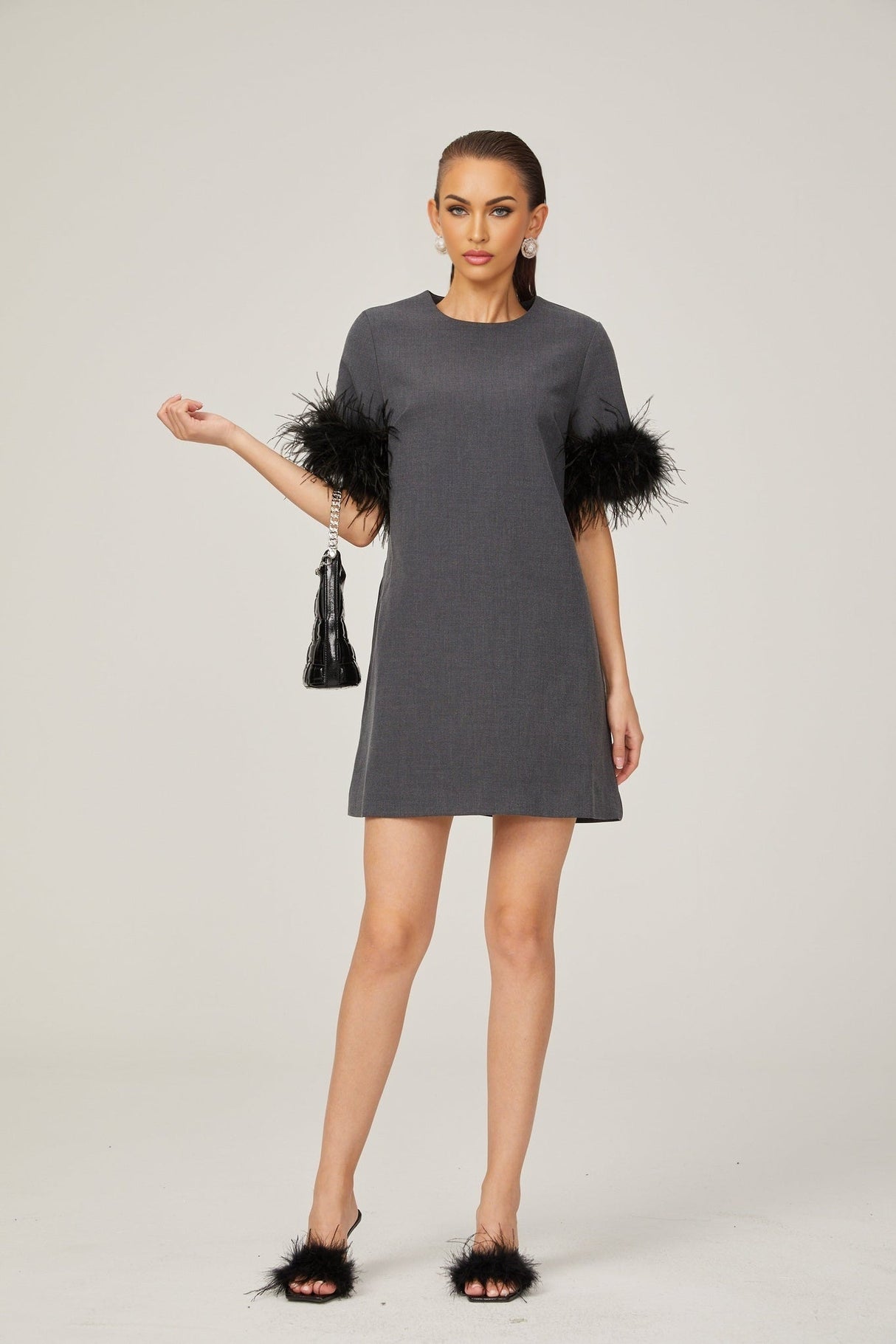 Eulalie grey feathertrim Aline mini dress