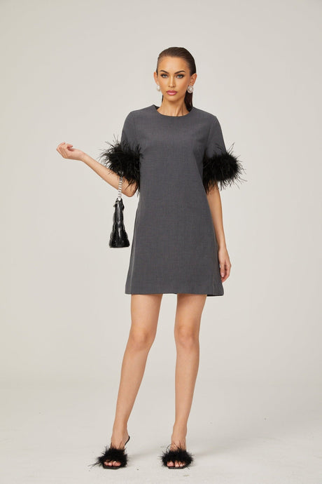 Eulalie grey feathertrim Aline mini dress