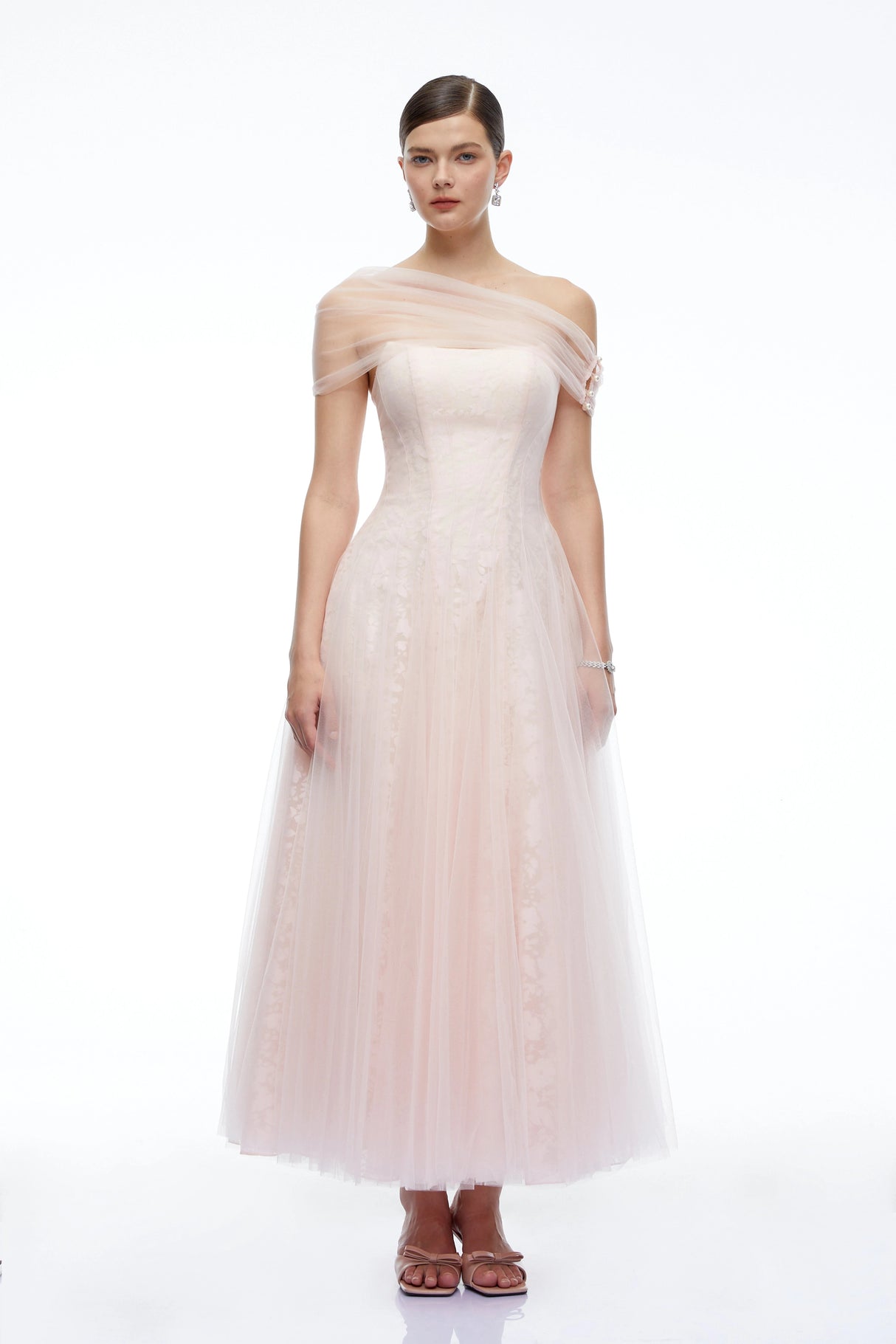 Eulalie Pink Tulle Maxi Dress With Shawl
