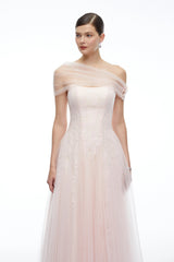 Eulalie Pink Tulle Maxi Dress With Shawl