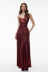 Eurydice Red Off Shoulder Ruched High Slit Maxi Dress