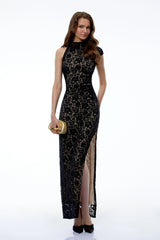 Eva Black Asymmetrical Floral Lace Maxi Dress with High Slit