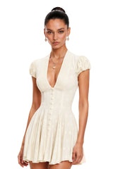 Eva Neutrals VNeck Pleated Button Down Mini Dress