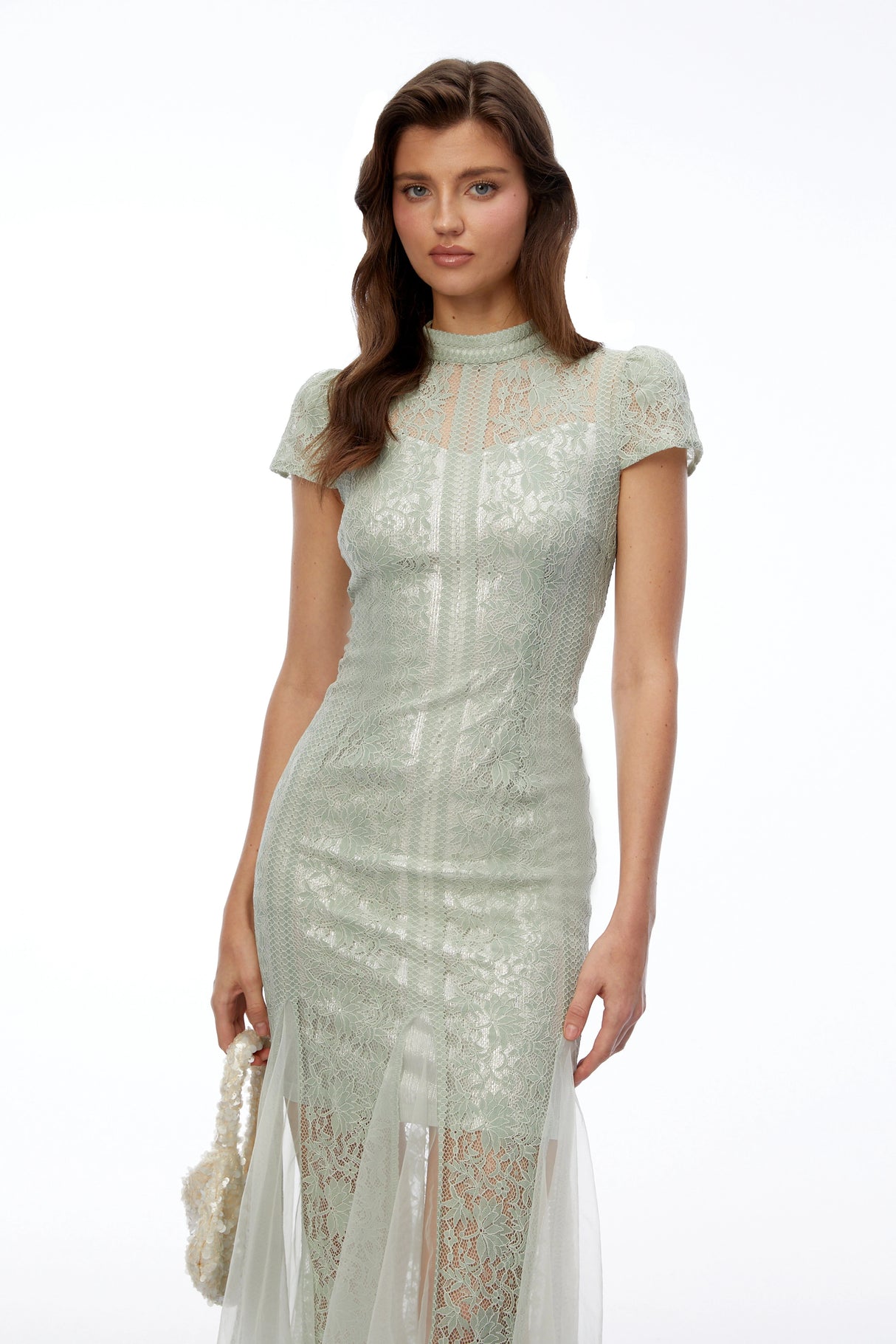 Eva Sage Green Mock Neck Lace Midi Dress