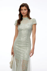 Eva Sage Green Mock Neck Lace Midi Dress