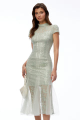 Eva Sage Green Mock Neck Lace Midi Dress
