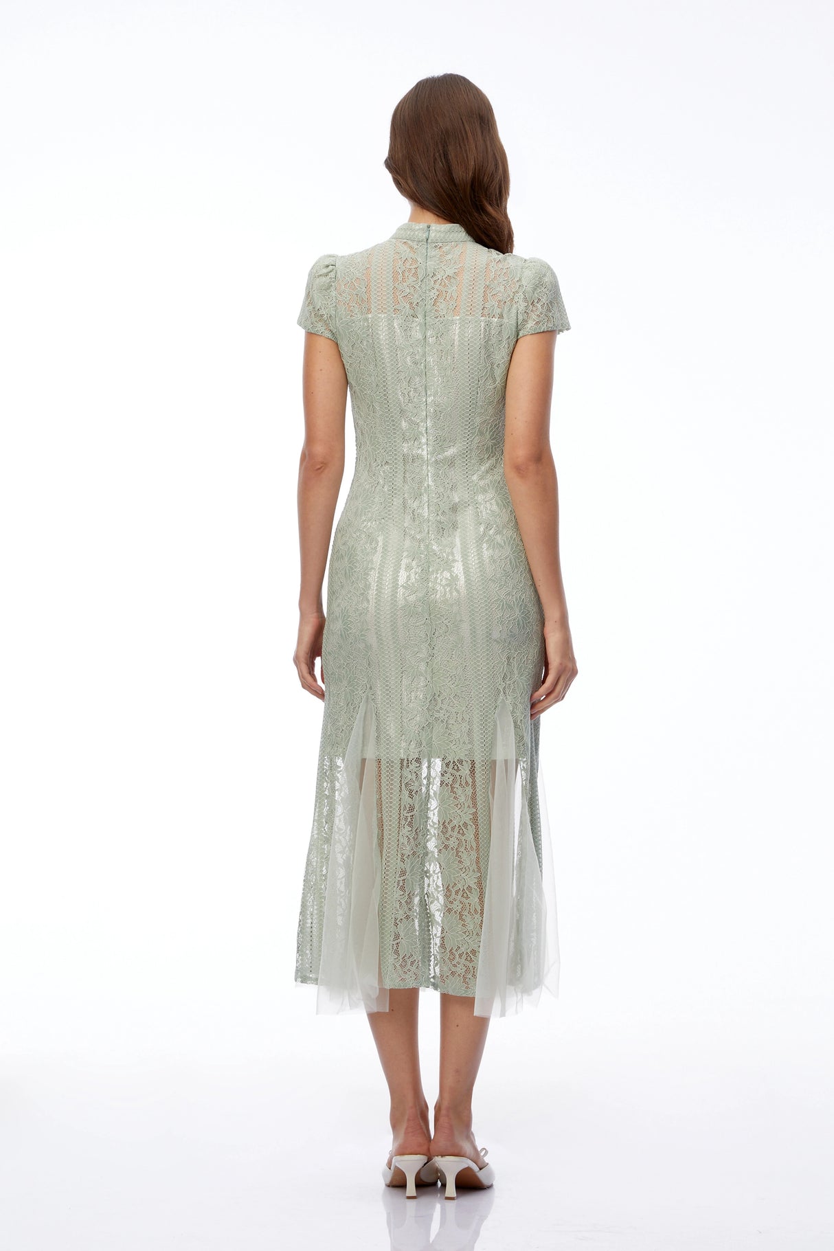 Eva Sage Green Mock Neck Lace Midi Dress
