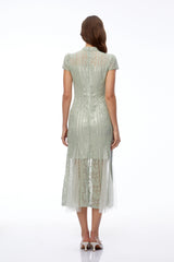 Eva Sage Green Mock Neck Lace Midi Dress