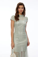 Eva Sage Green Mock Neck Lace Midi Dress
